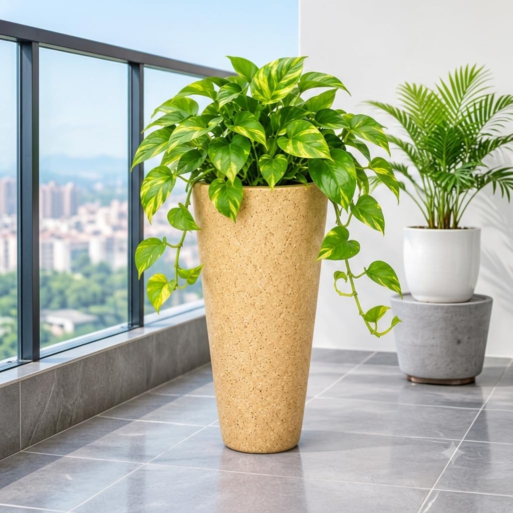 Tall round planter - beige sand finish
