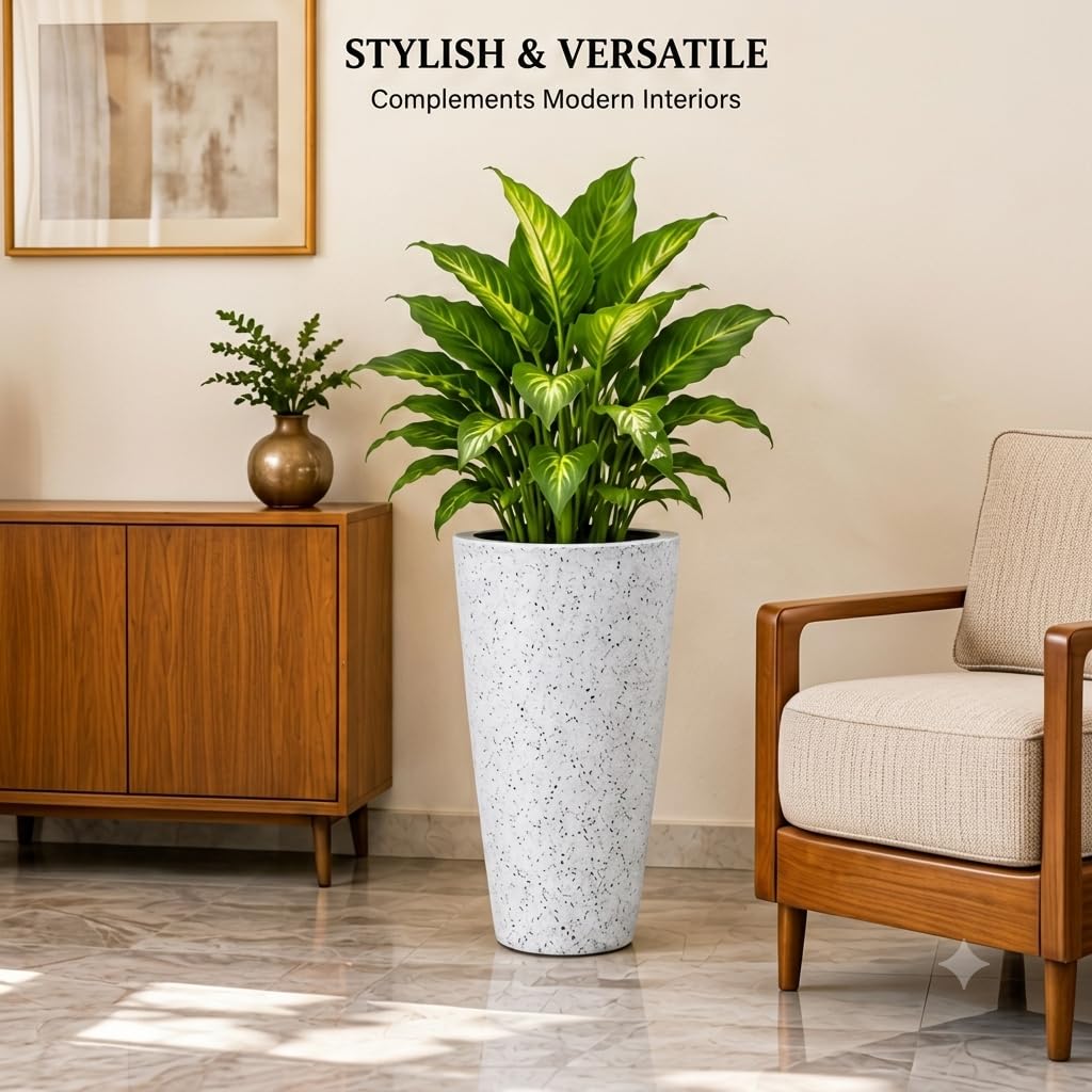 White tall planter indoors