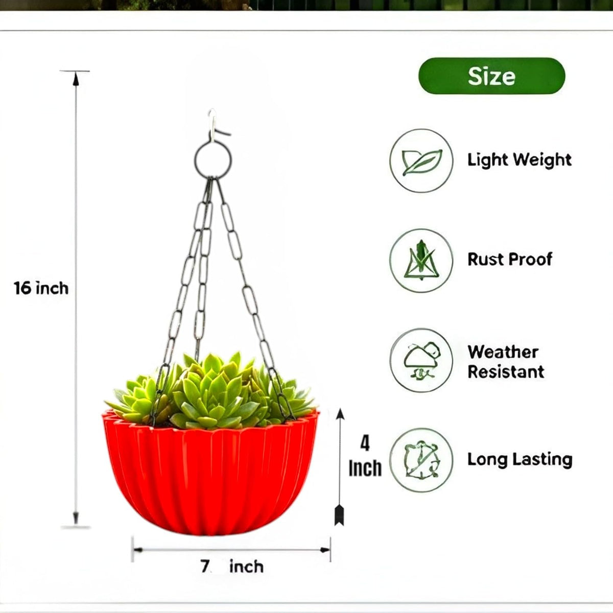 Karizma hanging planter size: 7 inch wide, 4 inch deep, 16 inch with chain - red