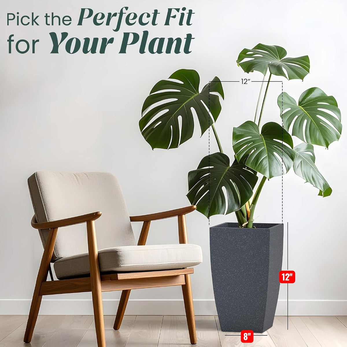 Dark grey tall square planter in a living room