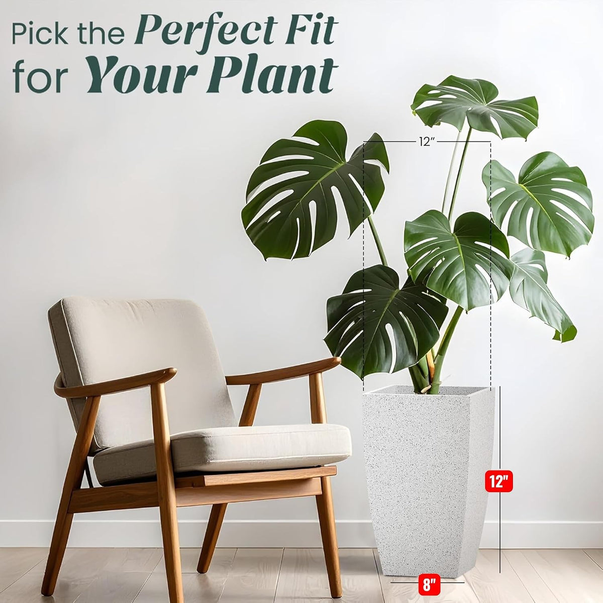 White tall square planter in a living room