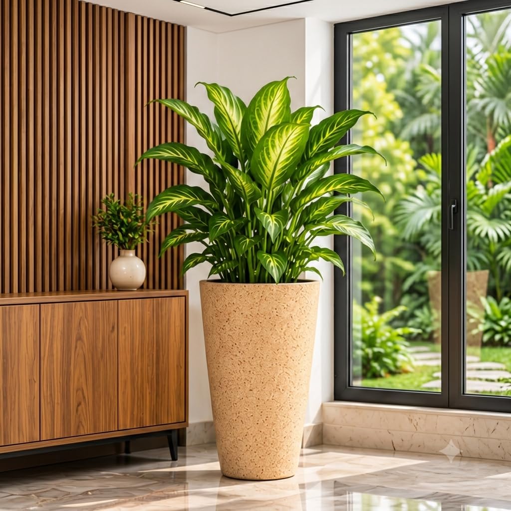 Beige tall planter indoors