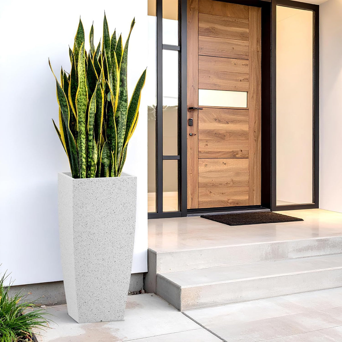 Tall square planter - white stone finish