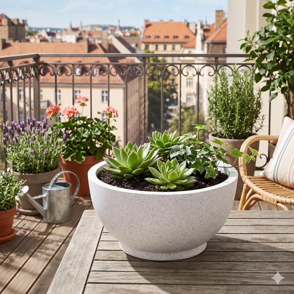 Bowl planters on a terrace